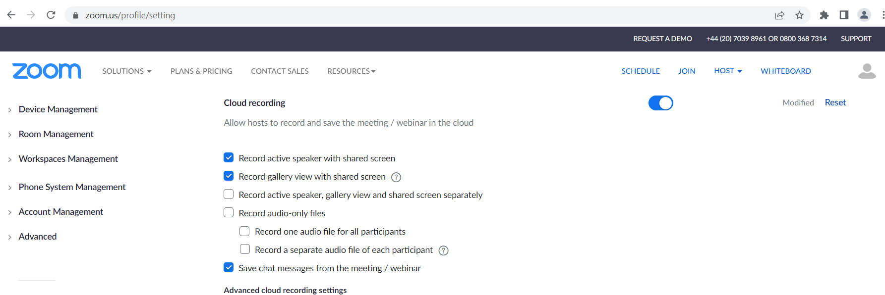 Cloud recording settings in the Zoom Meetings app 