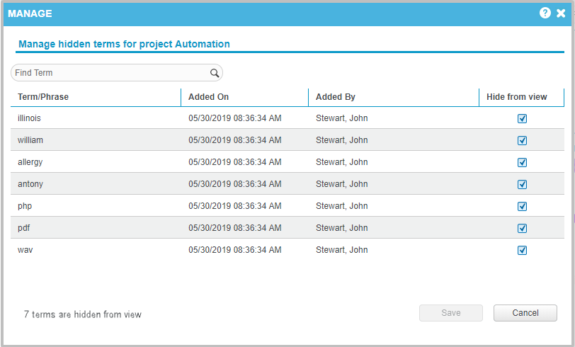 Manage hidden terms for project automation screen