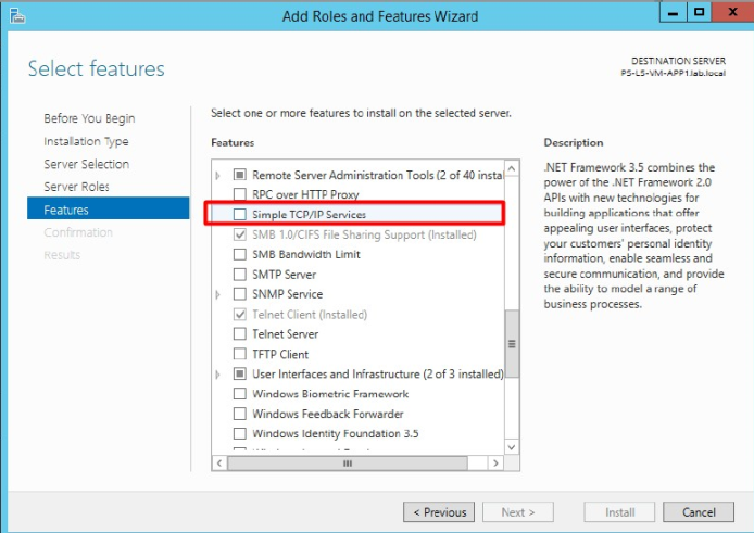 Windows Control Panel Simple TCP IP Services setting