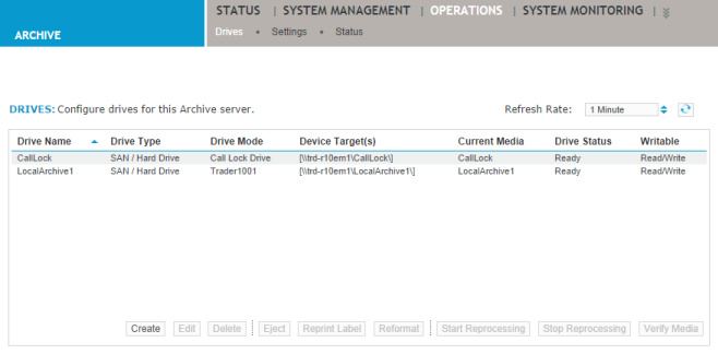 Drives page showing defined drives