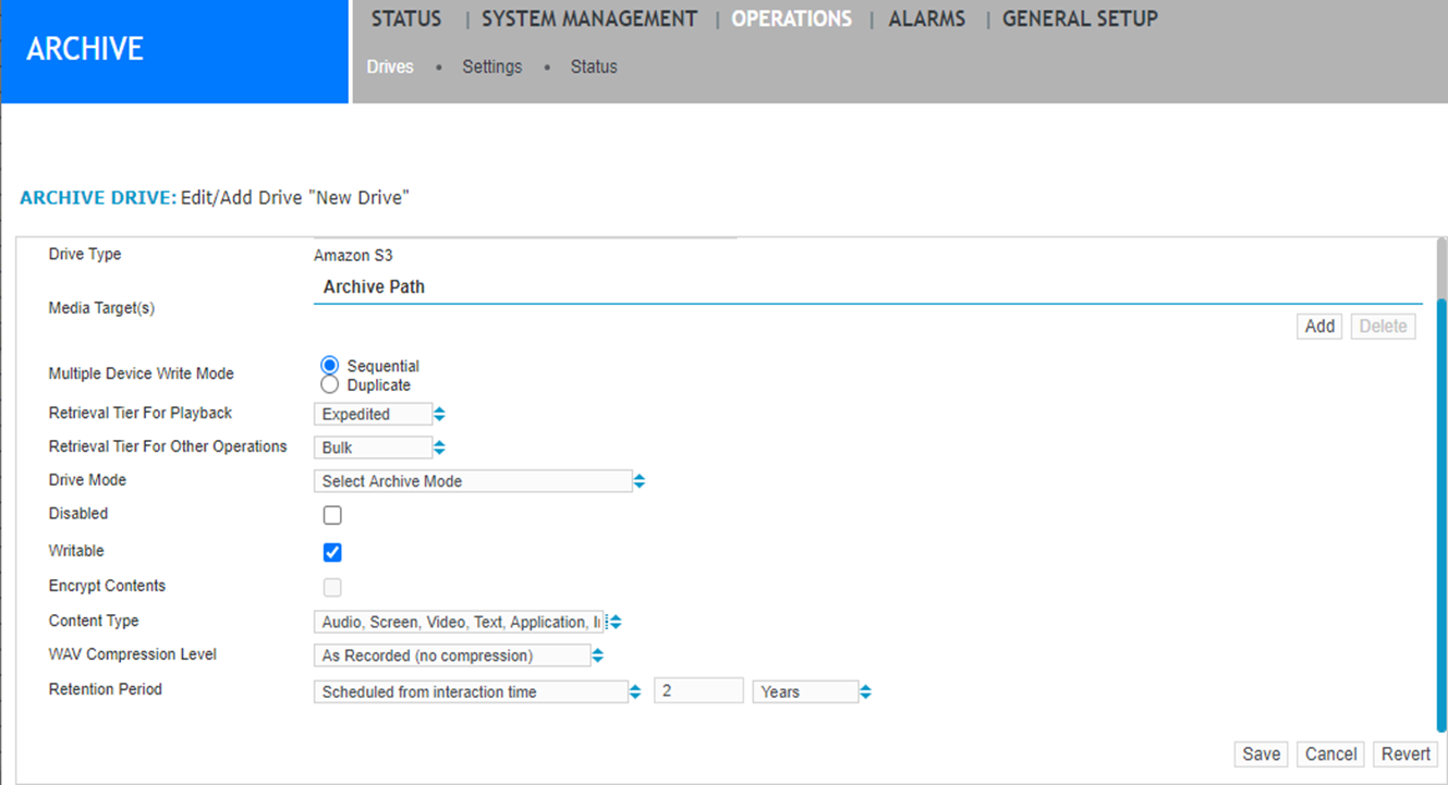 Archive drive settings