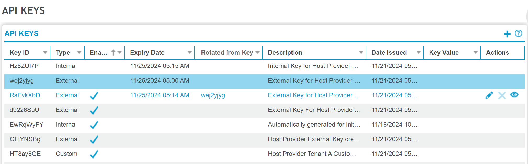 API Keys page