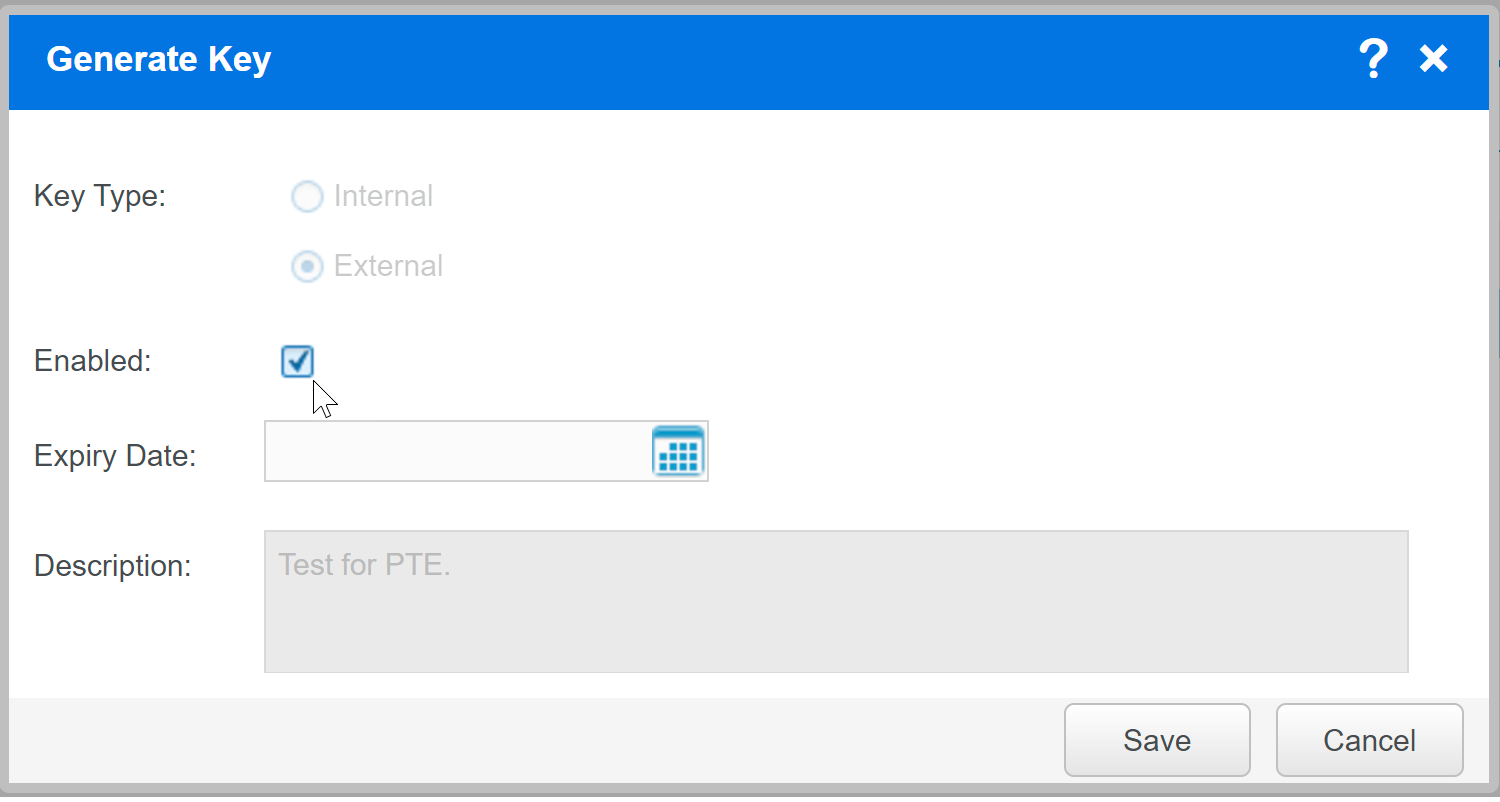 Generate key dialog box showing Enable/Disable API key