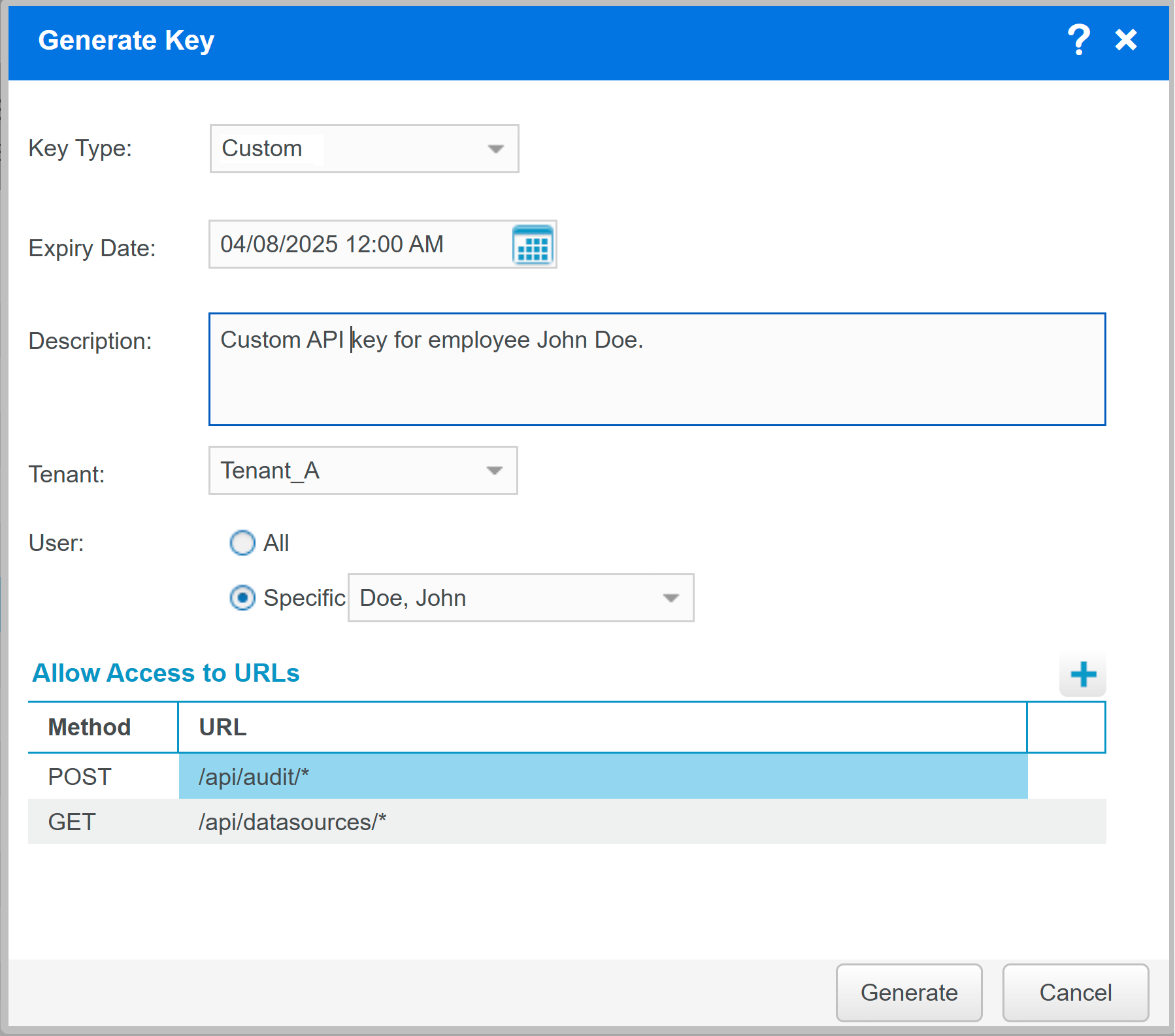 Generate an API Key page