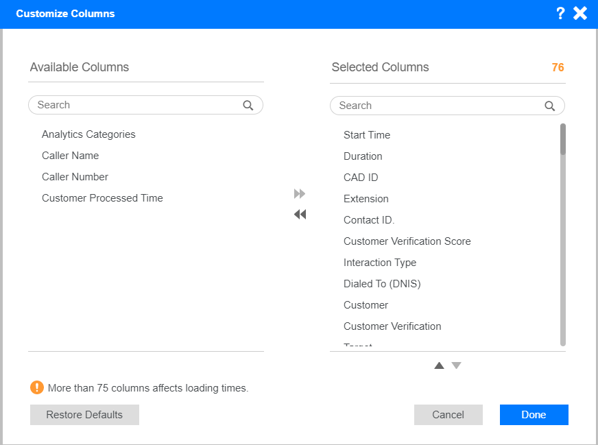 Customize columns dialog box