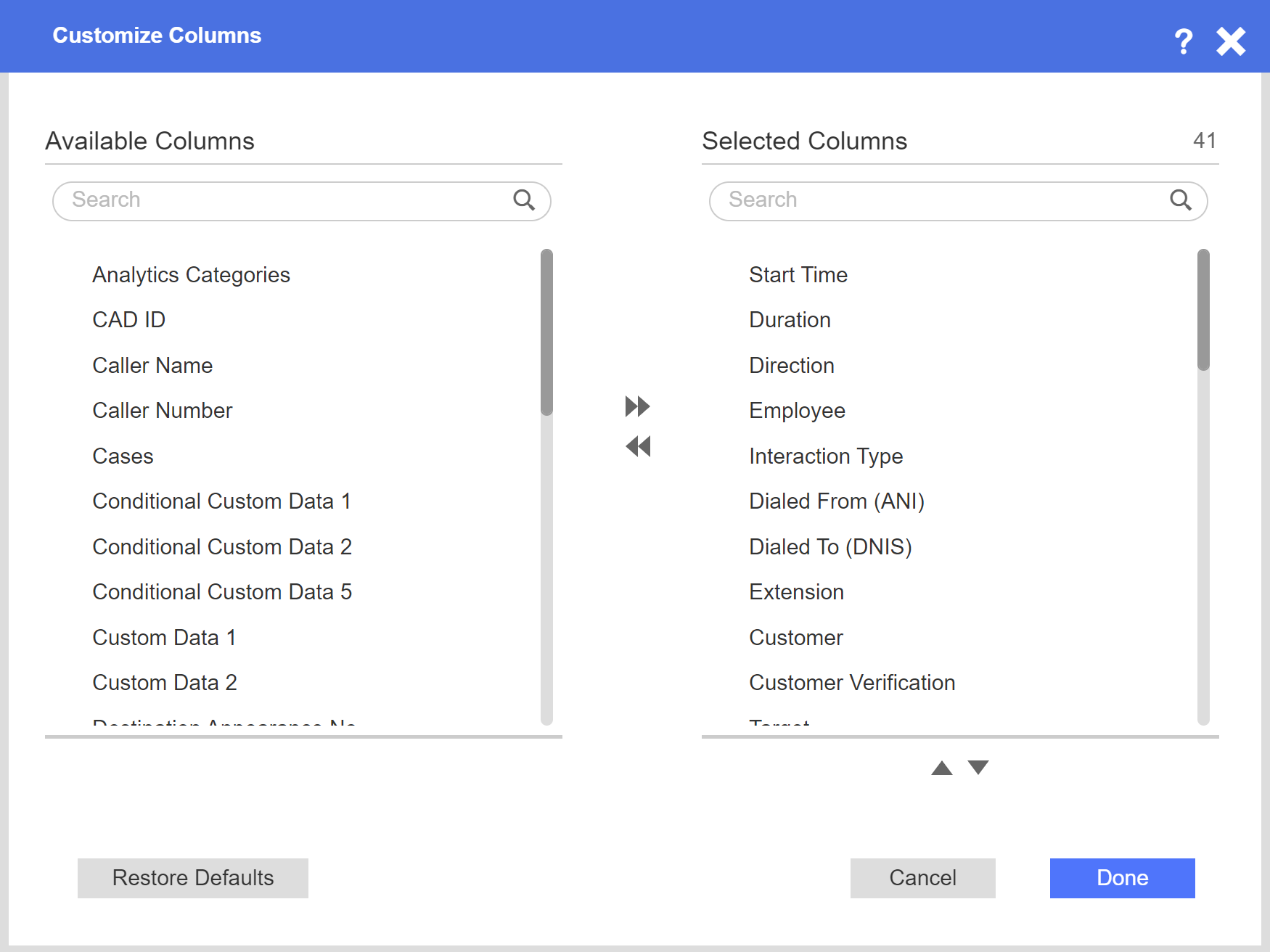 Customize columns dialog box