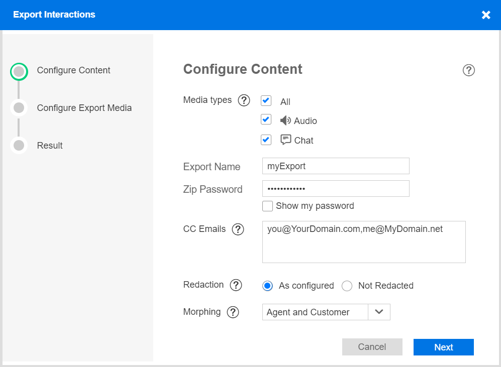 Configure content for export