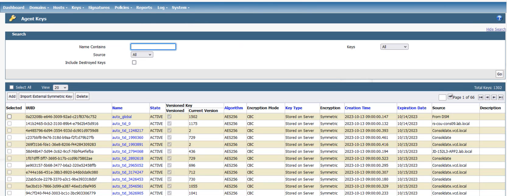 Screenshot of agent keys page