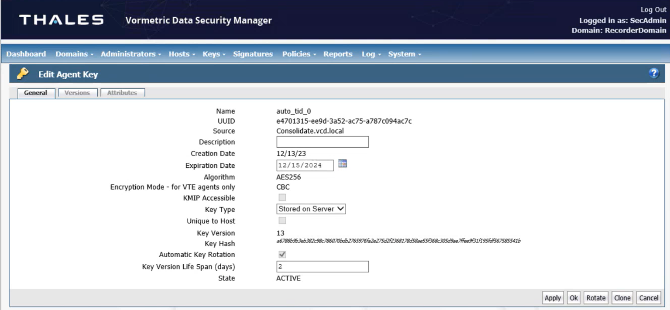Screenshot of edit agent key screen