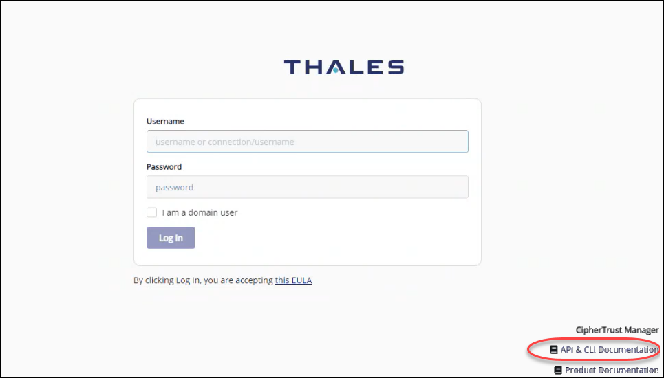 Screenshot of the thales login page