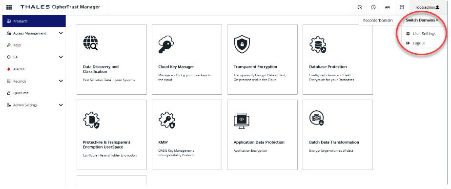 Screenshot of CipherTrust manager web