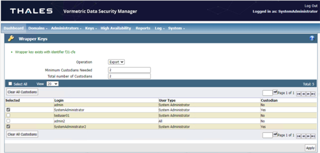 Screenshot of admins selection in wrapper keys page